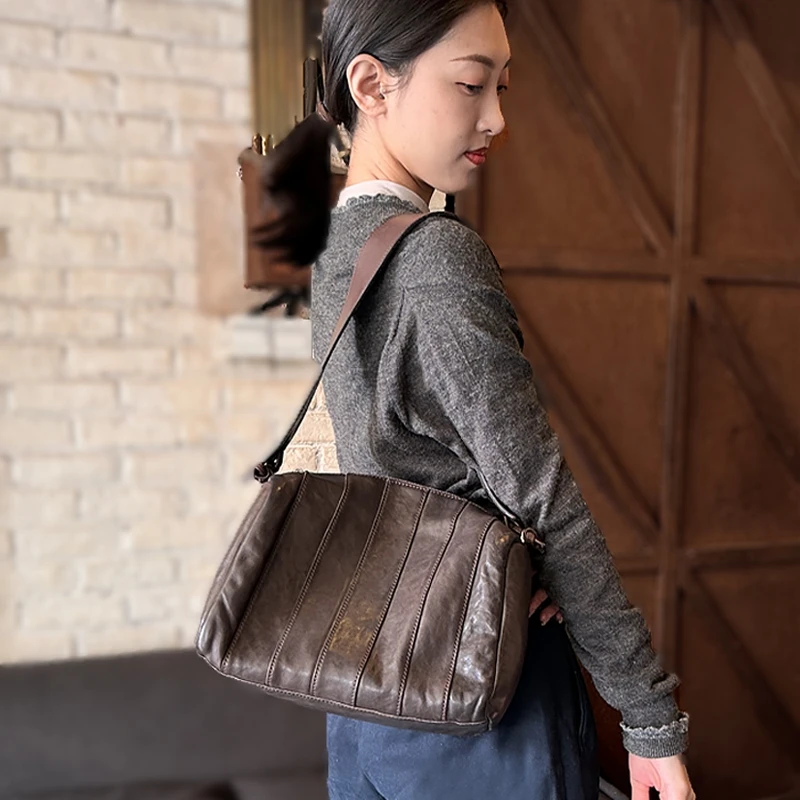 Vintage High-quality Vegetable Tanned Top Layer Cowhide Women Bag Fashion British Style Large Capacity Bucket Type Shoulder Bags