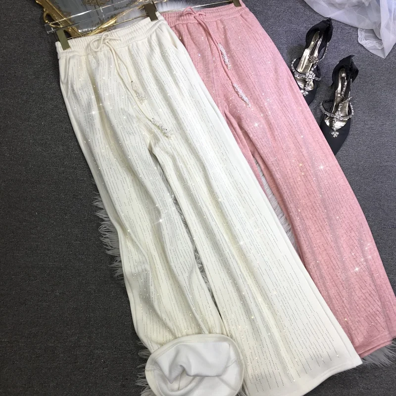 Fleece-Lined Thickened Straight-Leg Pants for Women Rhinestones Versatile Pants with Elastic Waist for Autumn and Winter