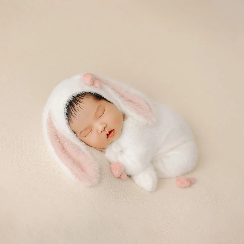 Newborn Rabbit Outfit Baby Bunny Crochet Jumpsuit Rabbit Ears Hat Baby Costume Mohair Bunny Doll Swing Studio Photography Props