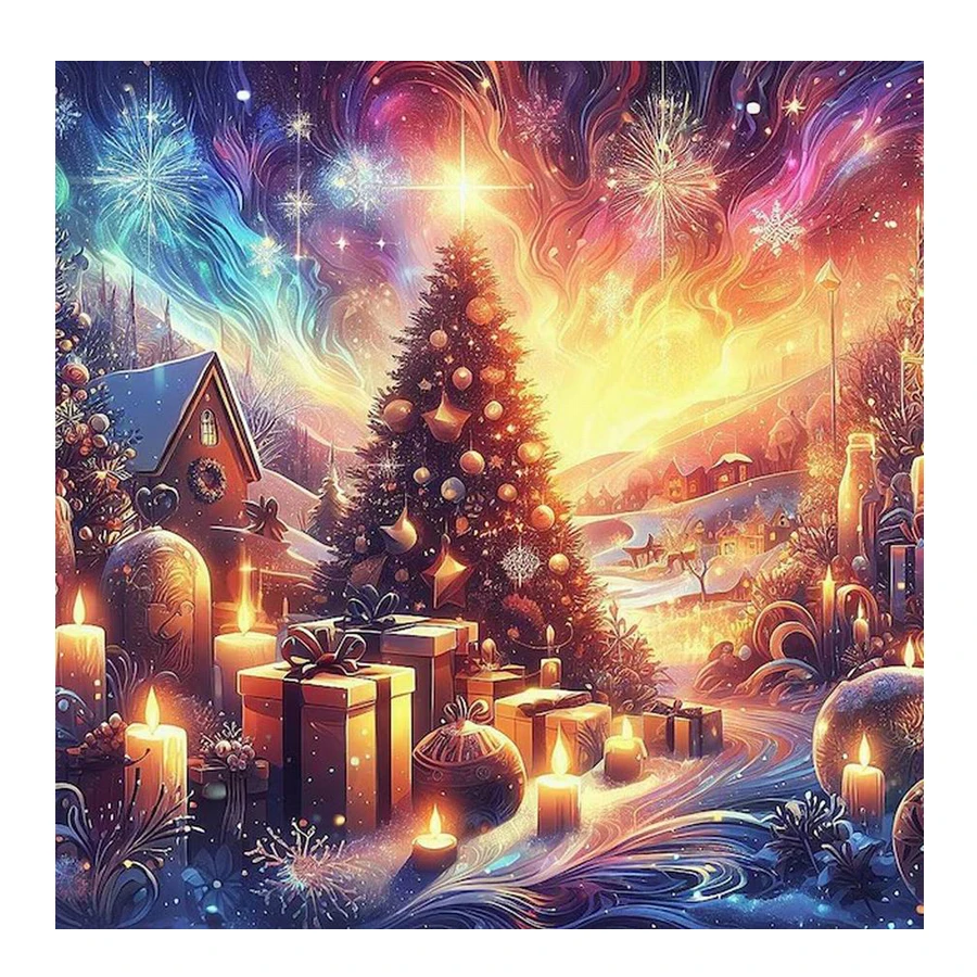 Fullcang New Diy Diamond Painting Town Gift Full Rhinestone Art Mosaic Embroidery Christmas Tree Scenery Picture Wall Decor