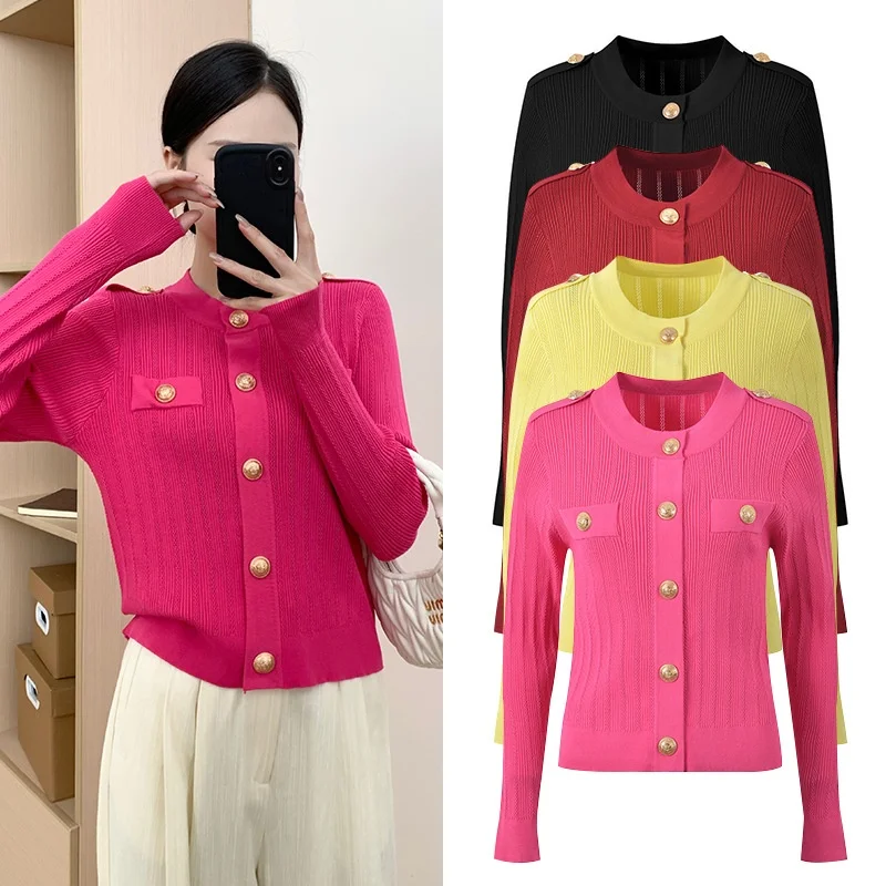 

Ele Вязаная круглая верхняя одежда Ne Single Row Gold Button Slim Fit Верхняя одежда Топ High End European Sle Sweet Sle Long Sve