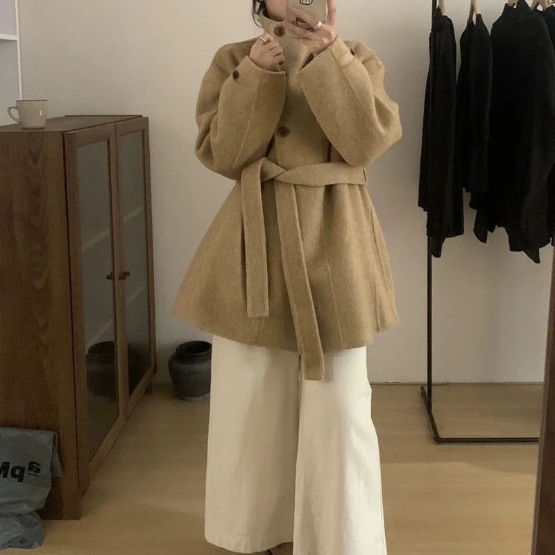 

Высококачественное шерстяное пальто с воротником-стойкой для женщин в консервативном стиле, маленькое модное и свободное шерстяное пальто