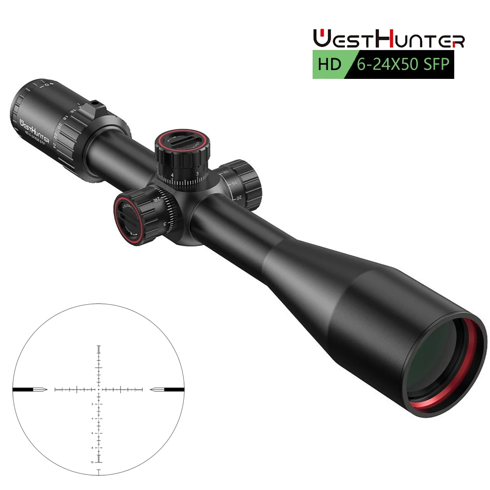 Cannocchiale da caccia WestHunter HD 6-24X50 SFP, con secondo piano focale, ottica tattica per fucili, torretta con regolazione 1/10 MIL, vetro HD, reticolo inciso, tubo da 30 mm con rotella laterale