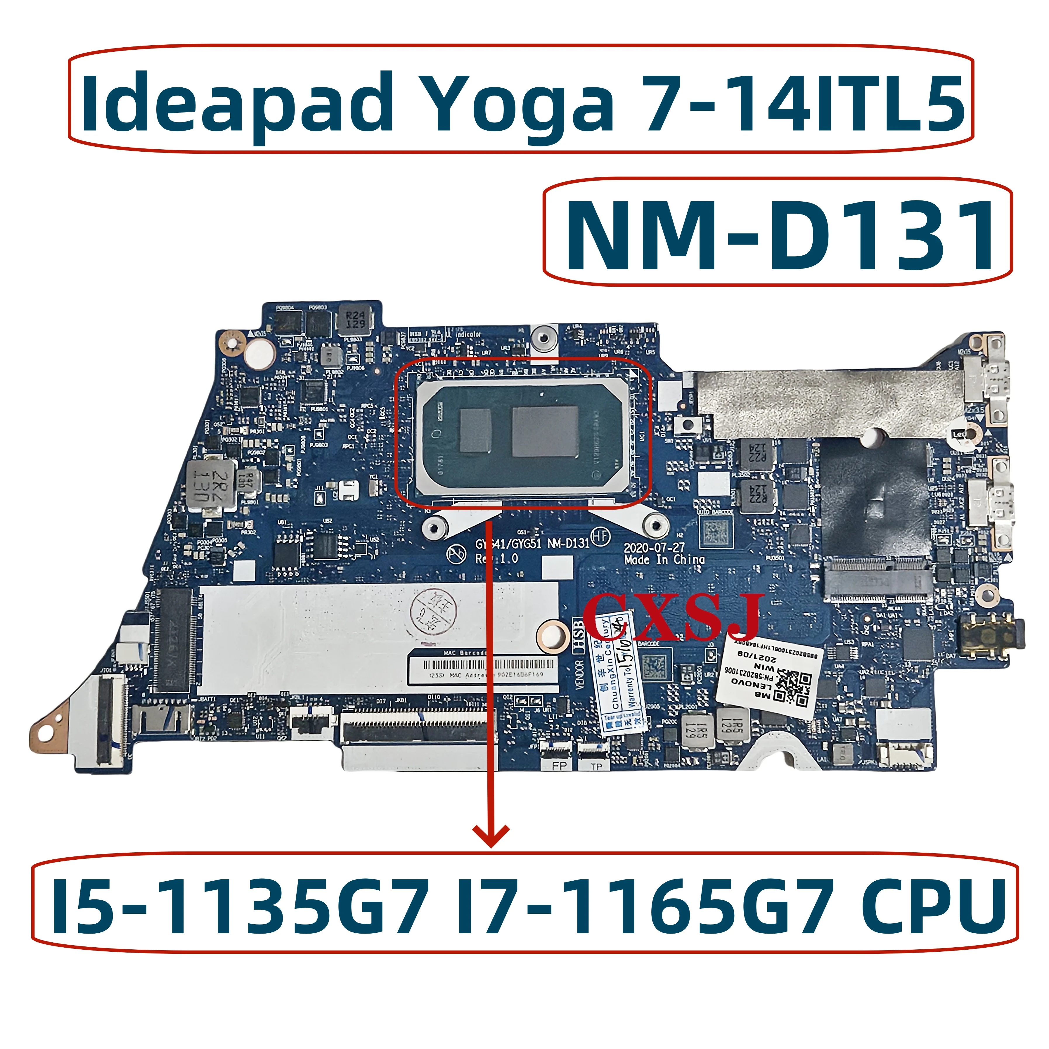 

5B20Z31004 For Lenovo Ideapad Yoga 7-14ITL5 Laptop Motherboard With I5-1135G7 I7-1165G7 CPU 8/16G RAM GYG41/GYG51 NM-D131