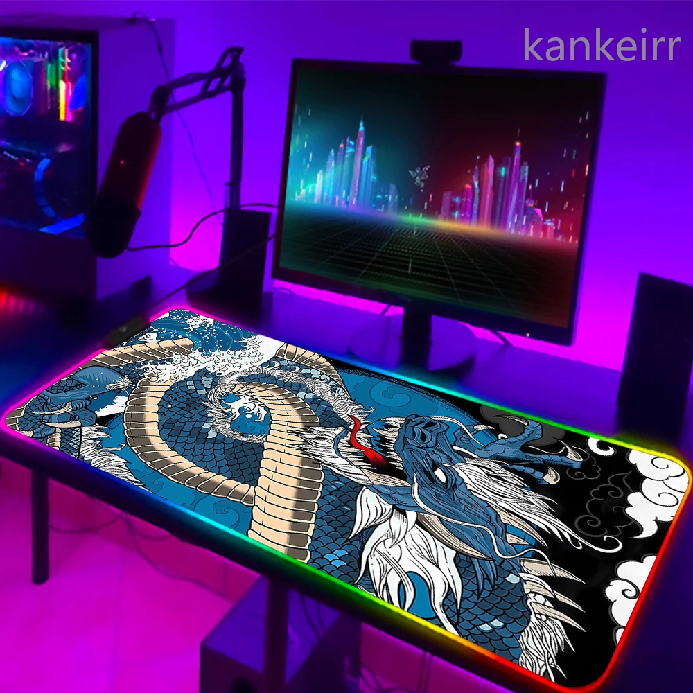 RGB Gaming Muismat Japanse Draak Bureaumat HD Zwart Gamer Accessoires Grote LED Muismat XXL PC Computer Tapijt Met Achtergrondverlichting
