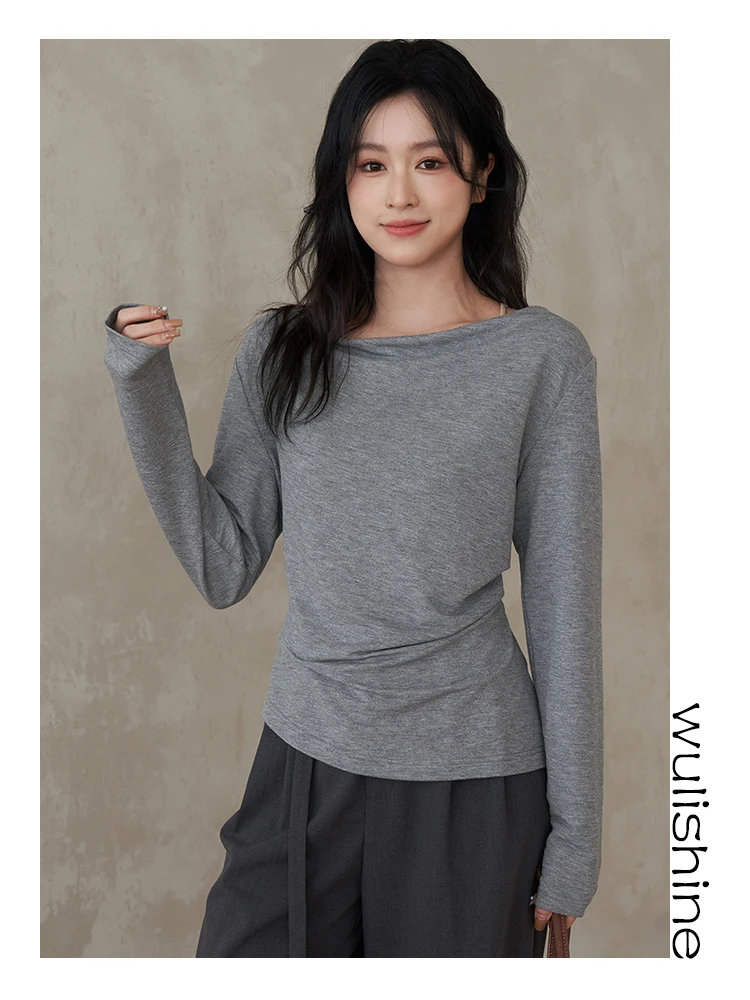 

Slim Fit Long Sve T-irt Gentle Sle Hanging Waist Design Soft And Ele Neline Irregular Hemline Women's Faion