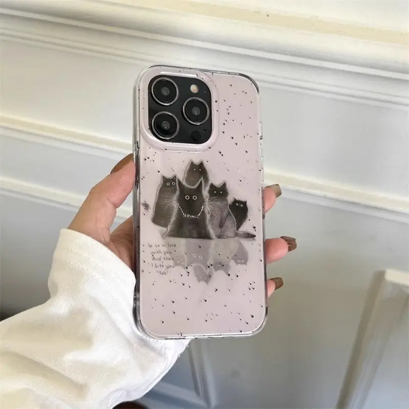 Coque de téléphone coréenne InsSplashing Ink Reflection Kitten pour iPhone Ultra 18 17 AIR 16 15 14 13 12 11 Pro XR Max 7 8 Plus Y2K