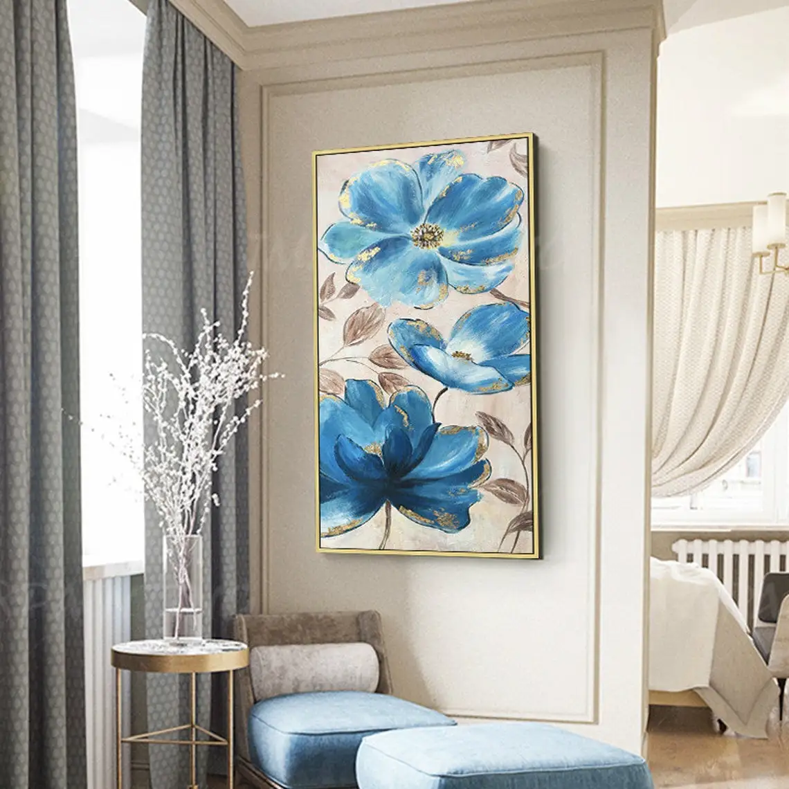 Valentines Abstract Blue Flower Hand Painted Oil Painting On Canvas Large Wall Art pictures Decor For Living Room Dining Room