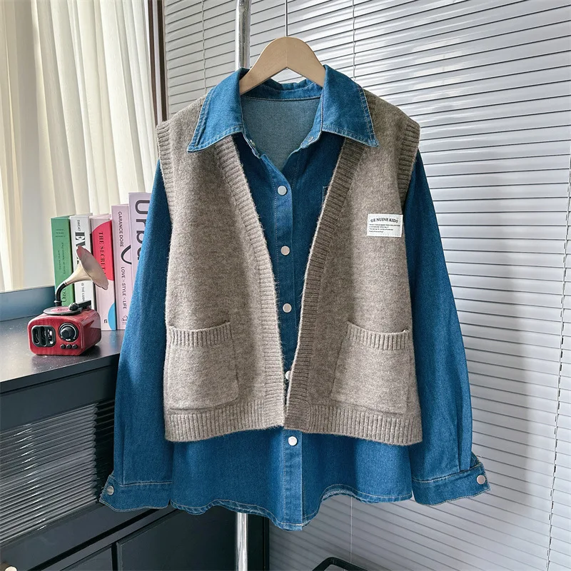 [EWQ] Korean Fashion Style Long Sleeve Single Breasted Denim Blouse And Knitted Vest Women 2 Piece Set 2024 Autumn New 16O1480