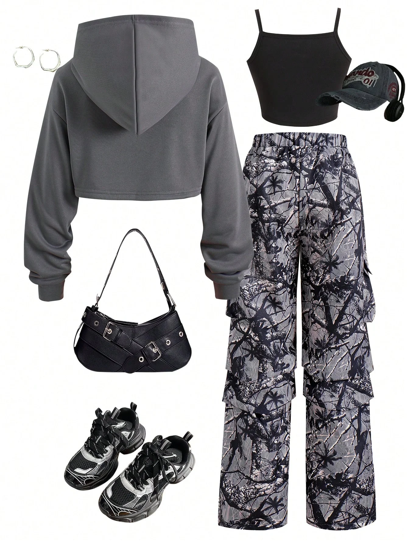 Girls Spring Autumn Casual Sporty Dark Gray Hooded Long Sleeve Sweatshirt Camisole Vest Camouflage Pants 3Pcs Set