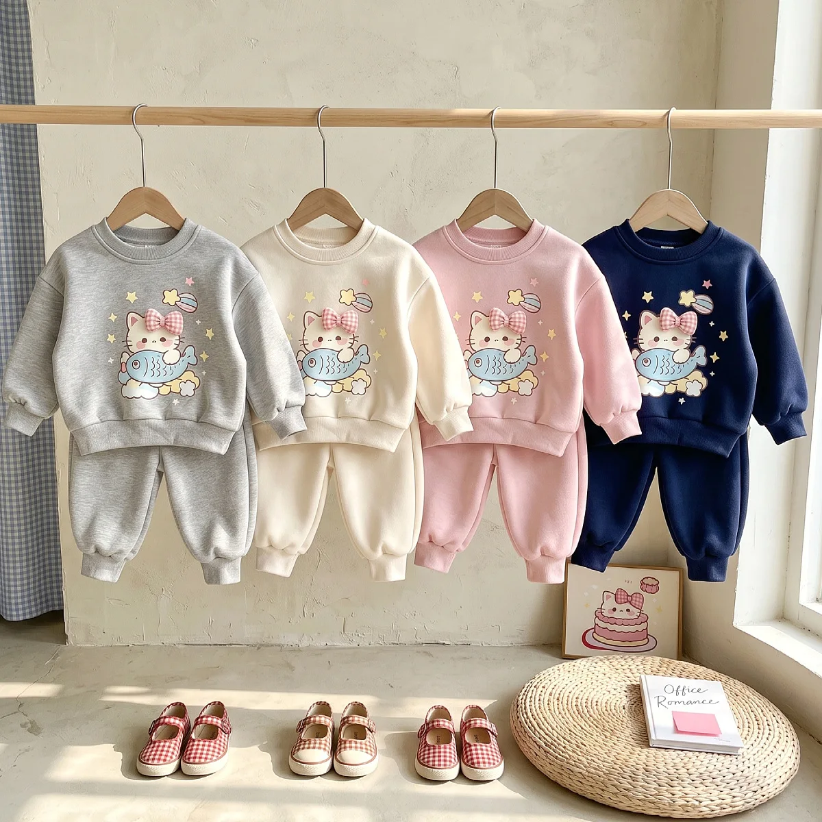 Girls Cartoon Cat Sweatshirt & Wide Leg Pants Set – Korean Cute 2-Piece Outfit for Kids, Casual Loose Spring Autumn Wear