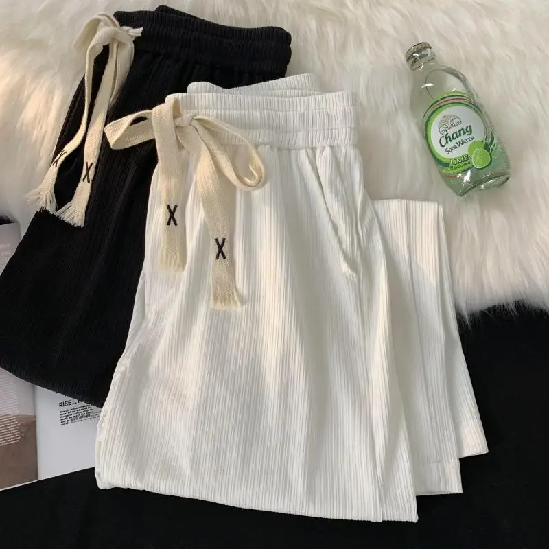 

Белые широкие брюки из ледяного шелка, мужские летние тонкие прямые повседневные свободные брюки, брюки длиной до пола, полиэфирное волокно