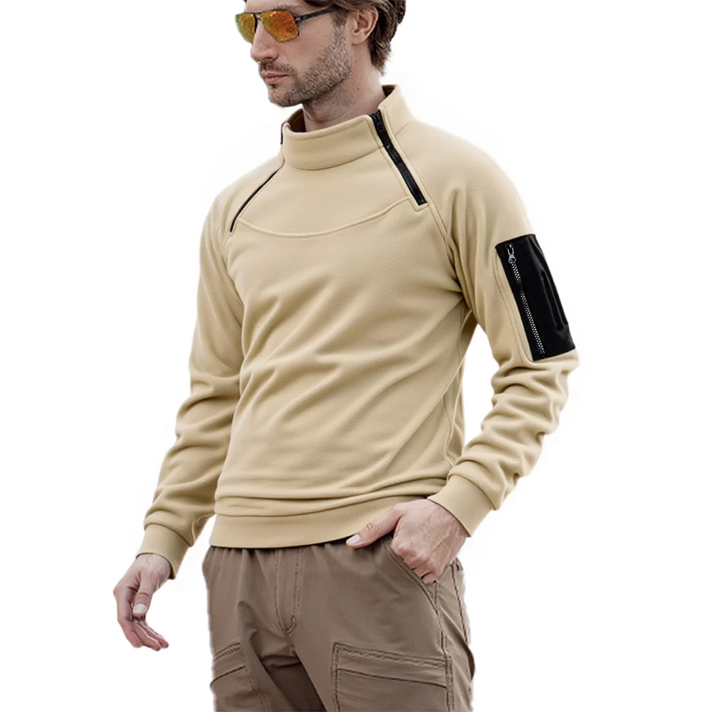 Sweat-shirt chaud et épais pour hommes, polaire d'extérieur, respirant, tactique, fermeture éclair, col debout, manches longues, décontracté, couleur unie, hiver