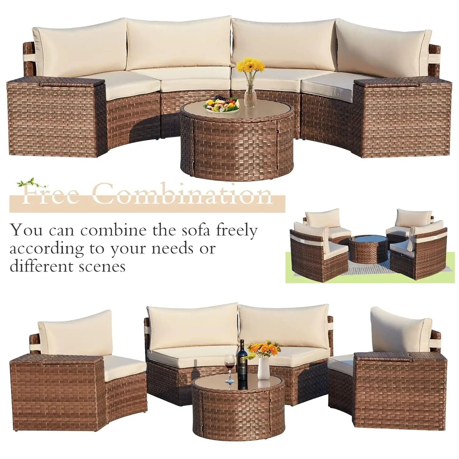

7pc Half-Moon Curved Wicker Patio Sectional Sofa w/ Storage Armrests & Glass Table for Garden Balcony Backyard, Custom