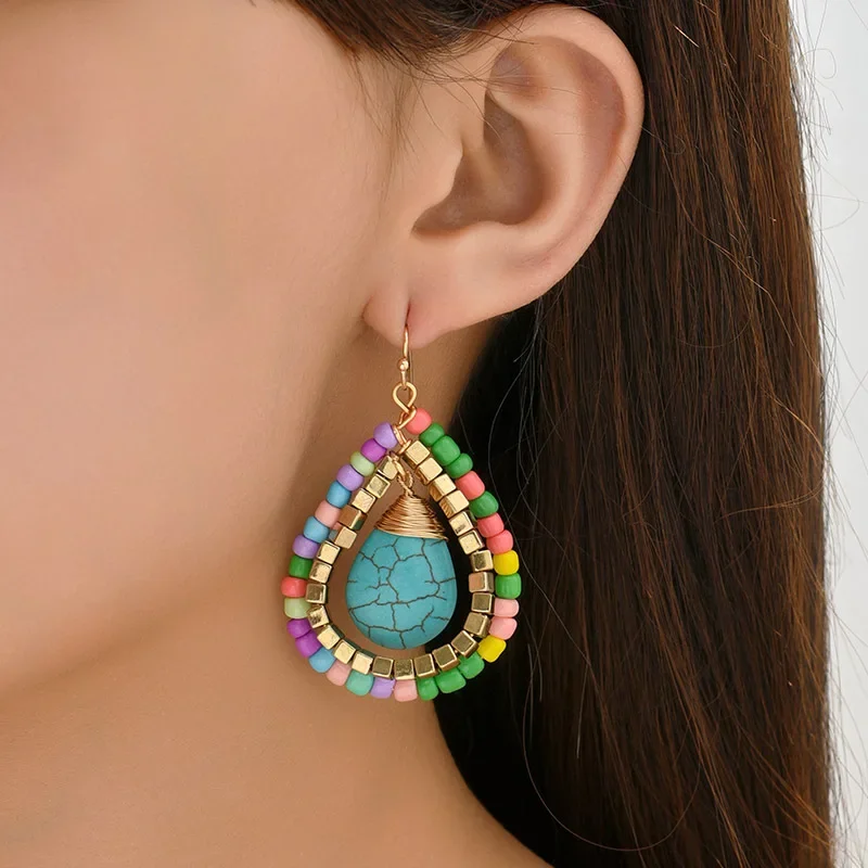 Rice bead earrings Water drop Originality Natural stone Design Colour Fashion Hand knitting Bohemia Turquoise Beaded earrings