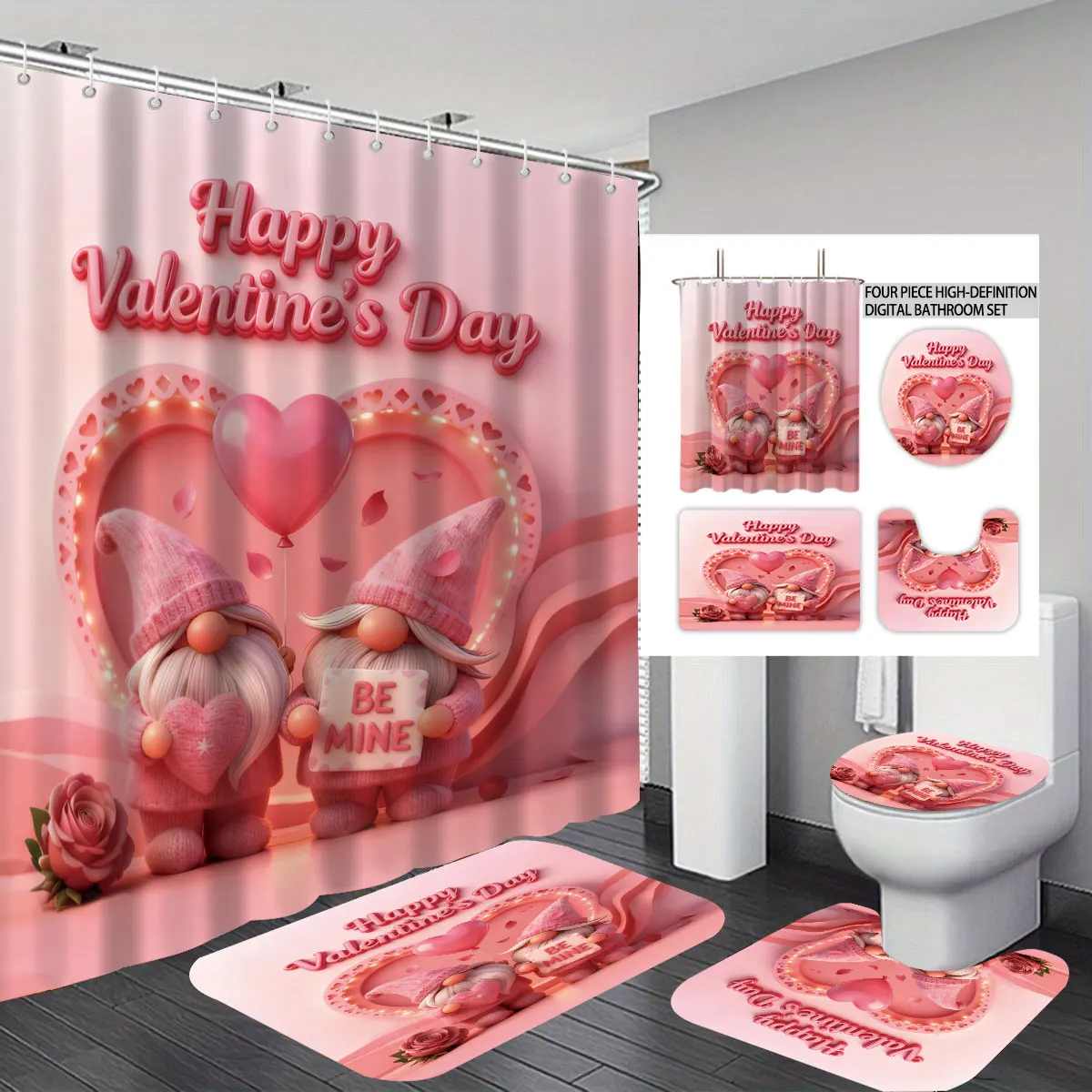 

4pcs Valentine's Day Romantic Pink Love Essence Printed Bathroom Set Waterproof Shower Curtain Floor Mat Toilet Mat U-shaped Mat