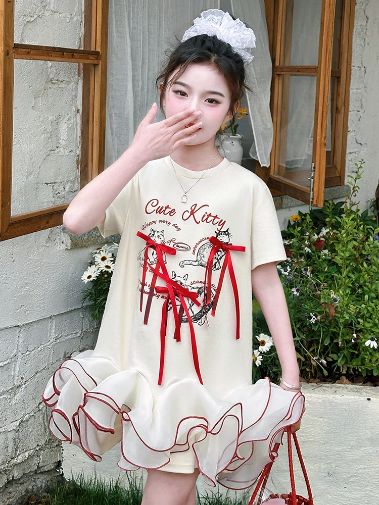 Filles décontracté été à la mode T-shirt à volants bulle jupe Faionable coton ort Sve rond Ne dessin animé imprimé Dr