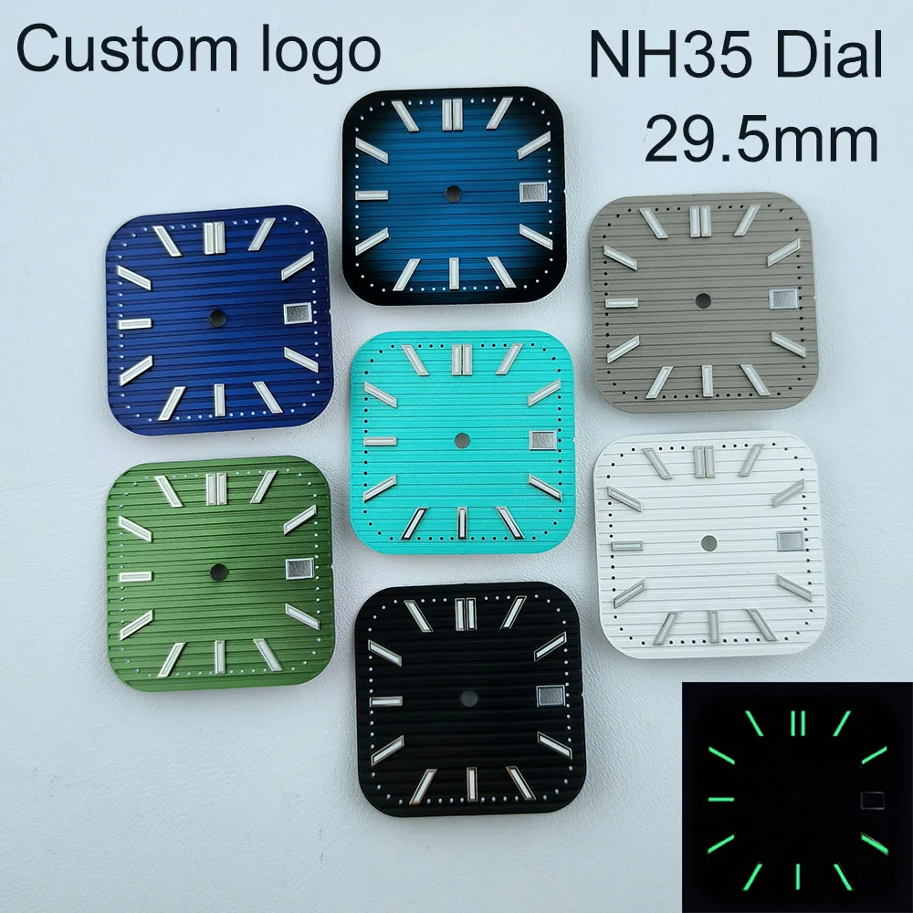 

29.5mm NH35 dial Square Dial Custom Logo watch dial green luminous suitable for NH35/NH36 movement watch accessories repair tool