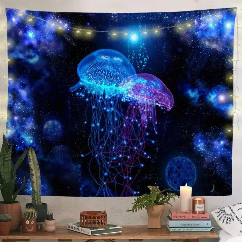 VIKAMA Psychedelic Jellyfish Mushroom Tapestry, Neon Fantasy Forest Wall Hanging, Aesthetic Bedroom Dorm e-Sports Decor