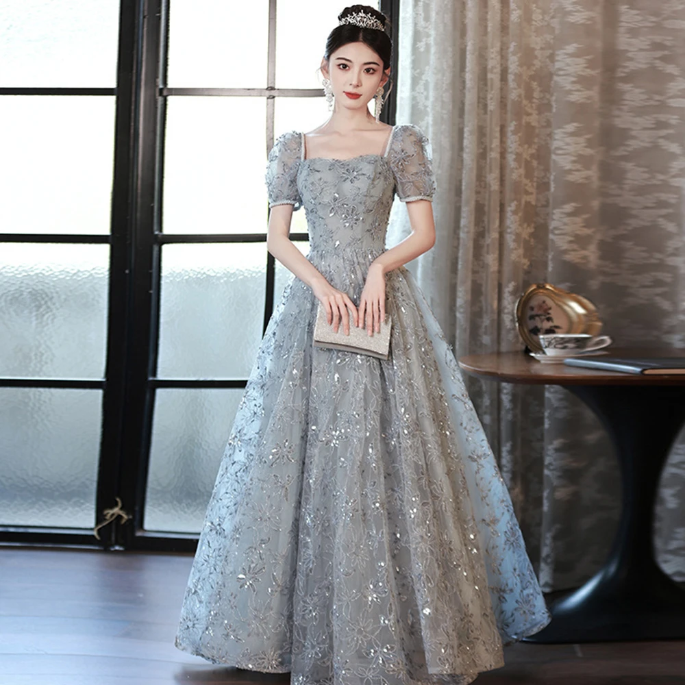 Light Luxury Grey Evening Dresses Women's Elegant Shinning Sequins Slim A-Line Prom Gown Off Shoulder Quinceanera Party Vestido