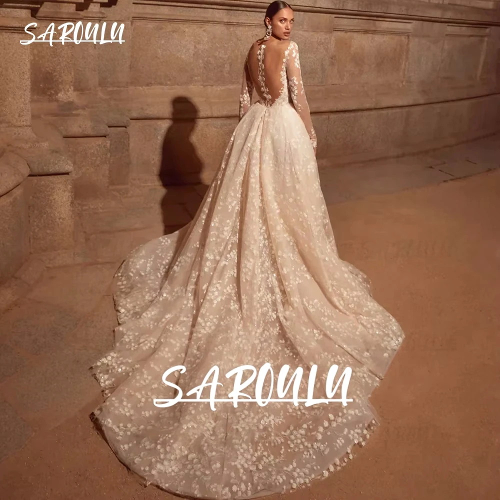 

Leaf Lace Appliques Wedding Dress, A Line, Full Illusion Sleeves, Customized Long Bride Dresses, Side Slit, Court Train Modern