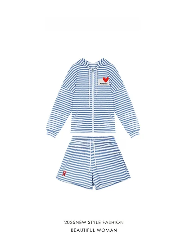 

2025 Spring Autumn Women's Hoodie Striped Two-Piece Set Casual Sports orts Outfit High Waist Straight Leg Pants Ensemble