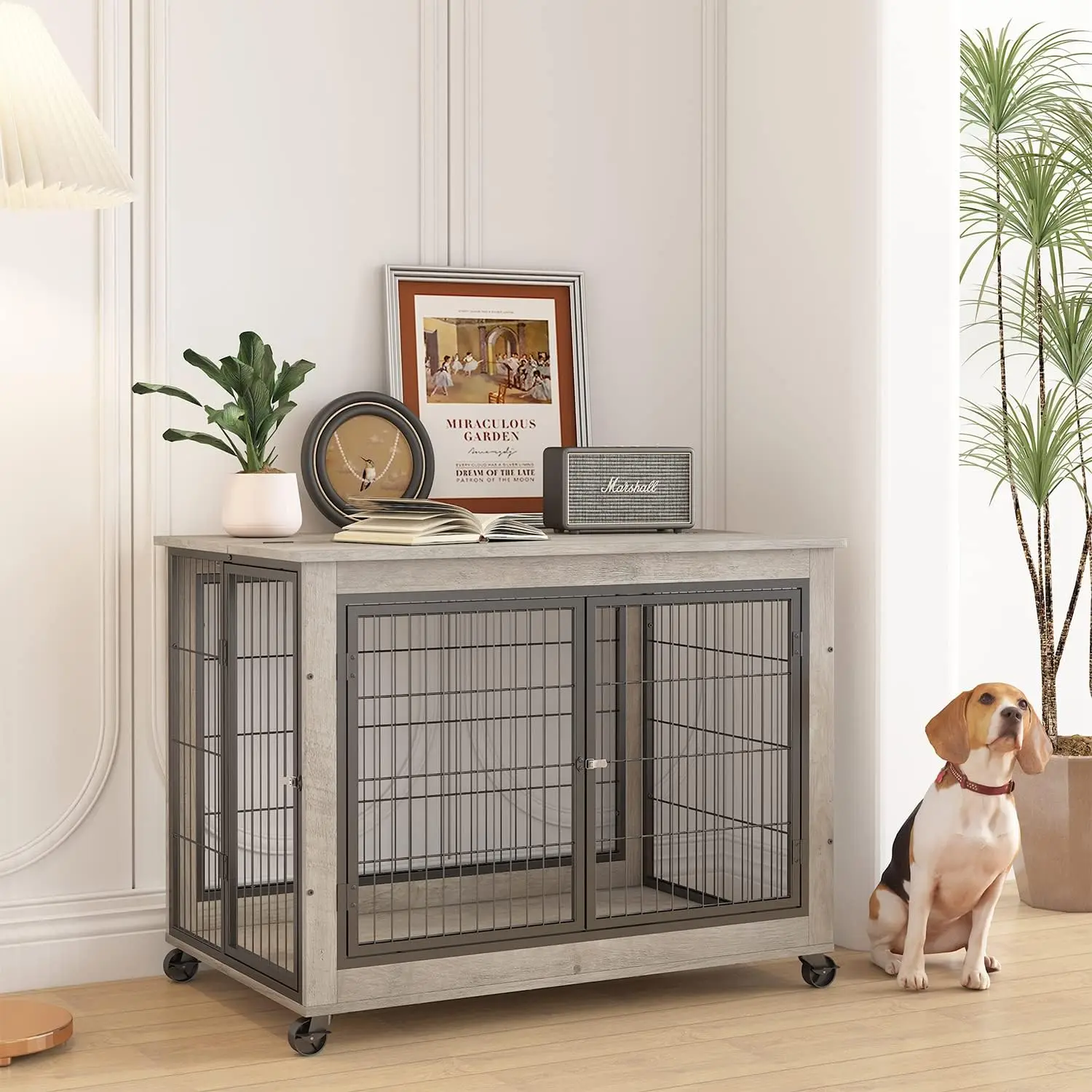 

IchbinGo Dog Crate Furniture, Wooden Table, 38.5" Dog Kennel with 3 Doors, Flip-up Top Opening and Wheels, Decorative Pet Crate