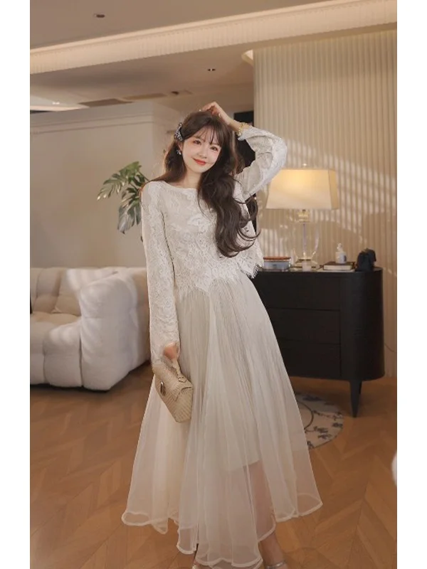 

PINZIKO Heavy Embroidery Long Sve Lace irt Women's Ele Spring Autumn Top Commute Sle Slim Fit Polyester Fiber