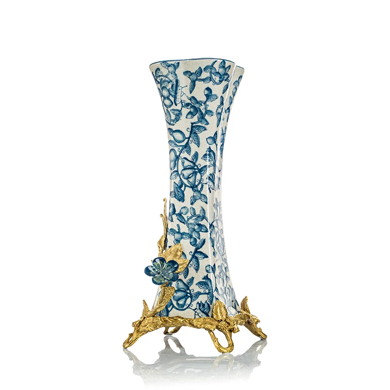 Ceramic, copper-inlaid vase, luxury living room, entrance, model room, blue and white porcelain ornaments