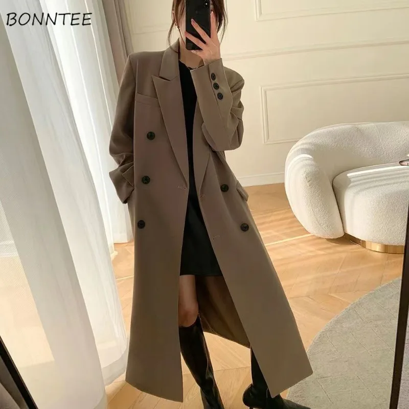 

Long Blazers Women Elegant Double Breasted Ladies Loose Casual Coats Autumn Winter Outwear Solid Pockets Streetwear Windbreak