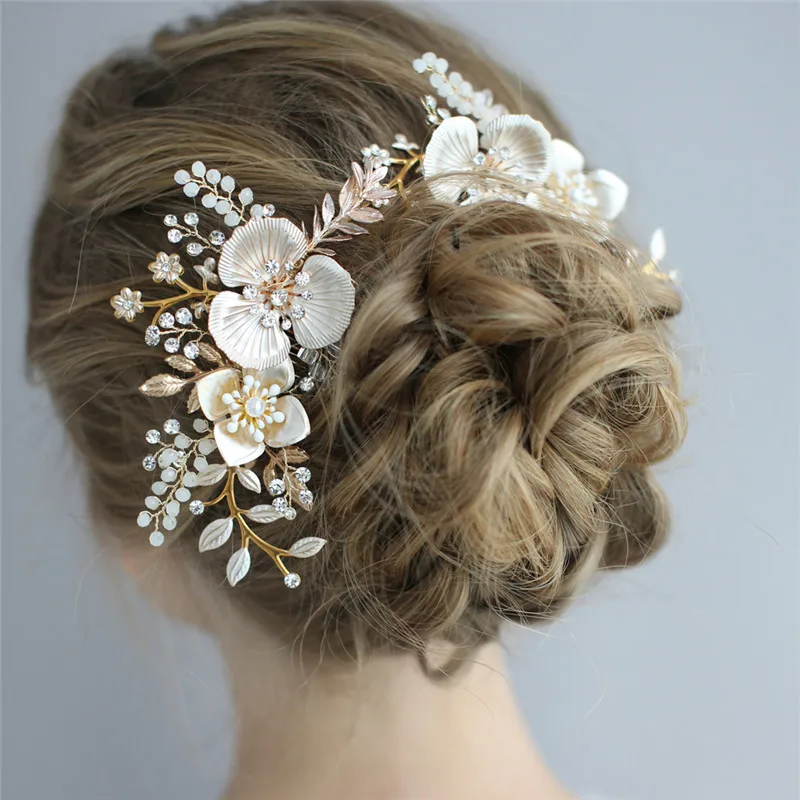 Boho Gold Color Floral Wedding Hair Crown Tiara Women Prom Accessories Handmade Leaf Headpiece Bridal Long Hair Comb