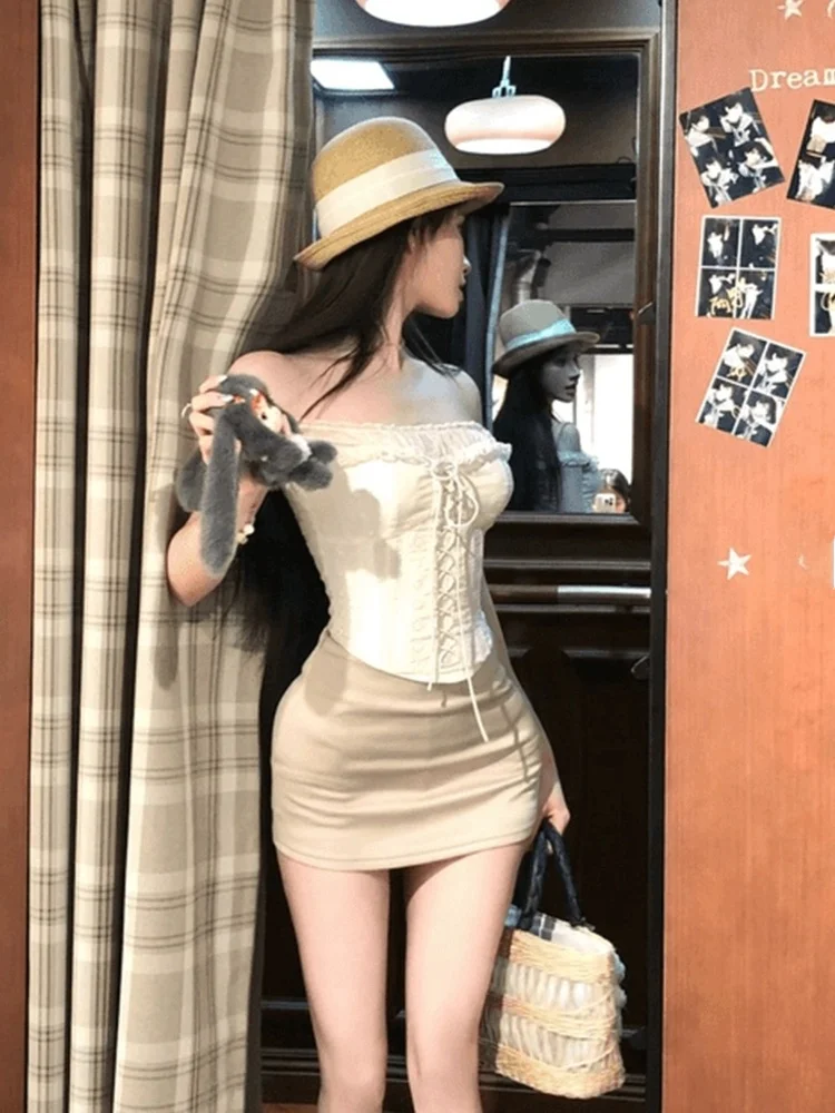 

Комплект XZY: сексуальный топ-бюстье на одно плечо и юбка с высокой талией для полных женщин, летний модный костюм с завышенной талией, балетный костюм...