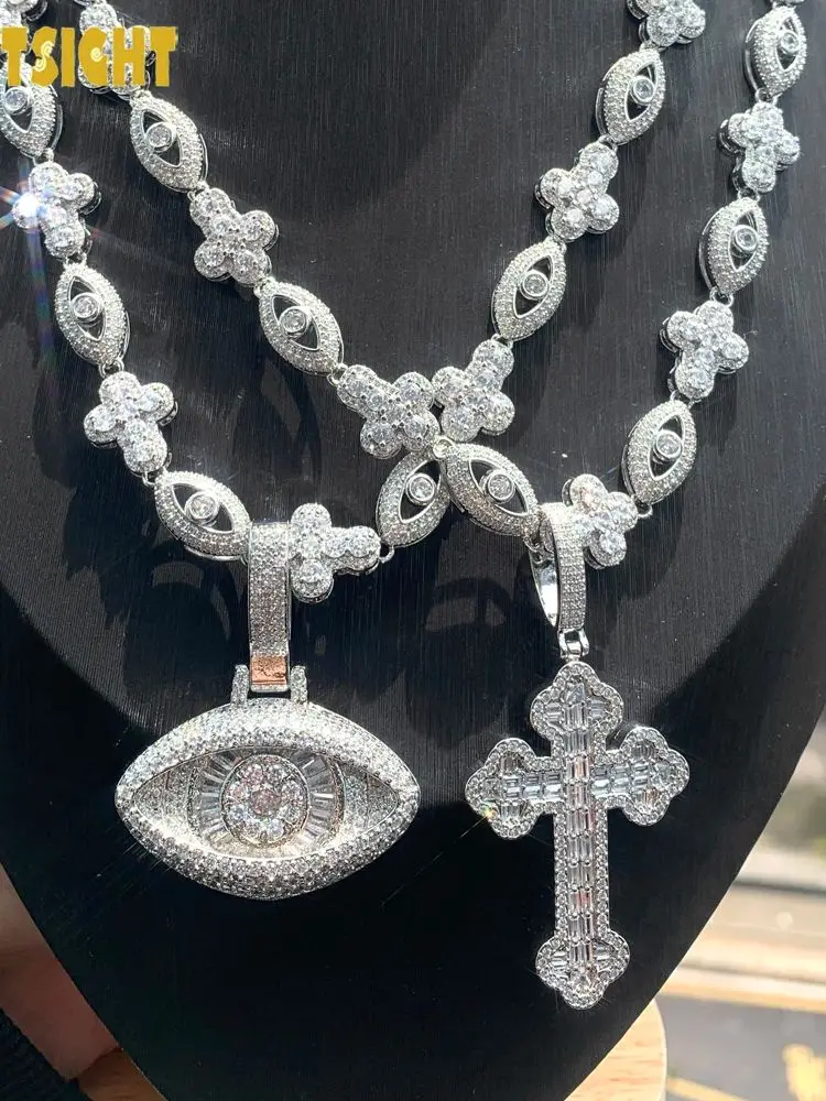 2025, neue Augen-Kreuz-Halskette, Iced Out, Bling, Silberfarbe, Zirkonia, Charm, Tenniskette für Männer und Frauen, Hip-Hop-Schmuck – Detail 7