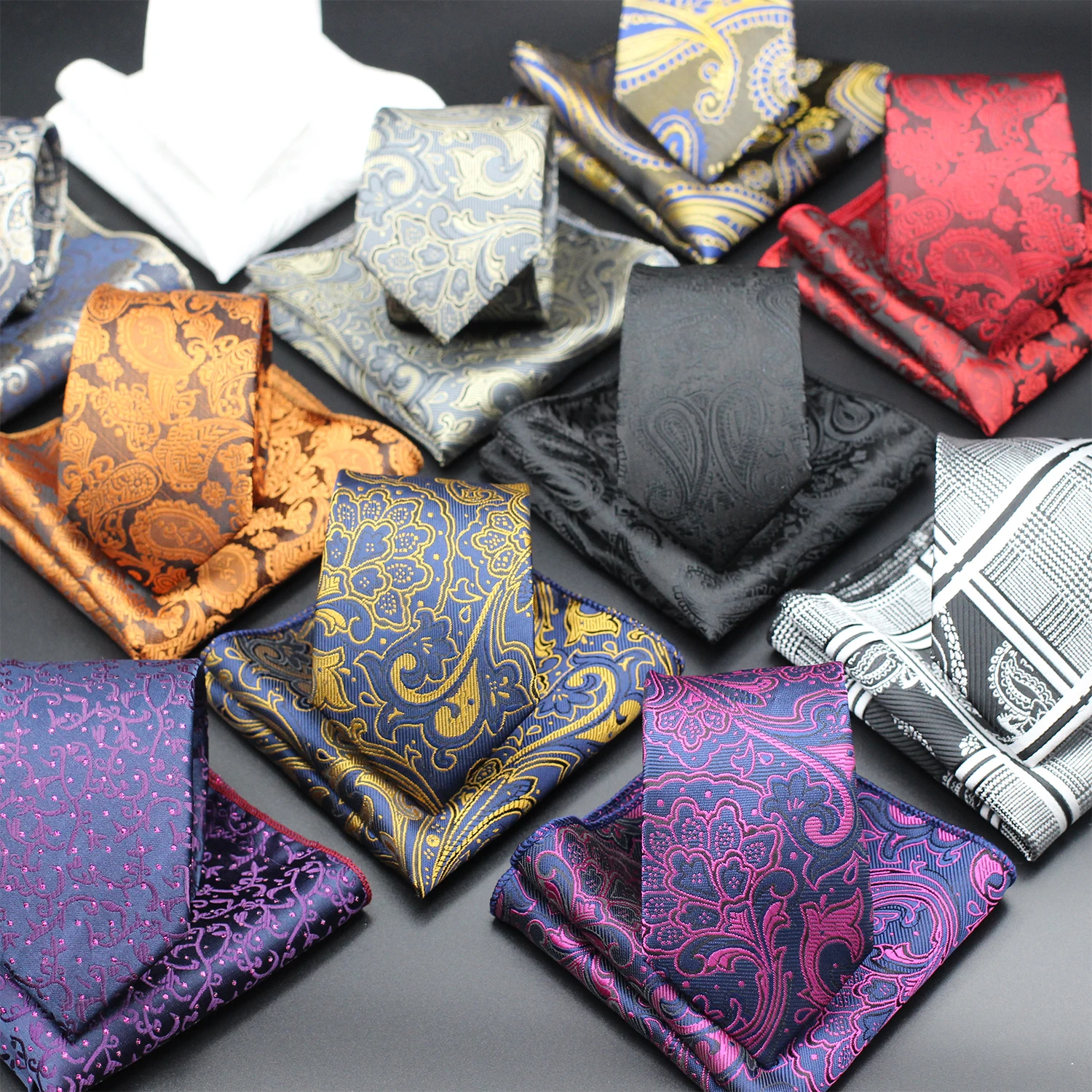 Luxury Men Tie Black Paisley Red Floral Men's Ties Gray Blue Pink Wedding Accessories Neck Tie Set Handkerchief Gift For Men