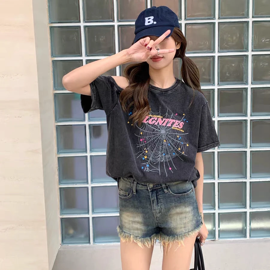 Women Sexy Off Shoulder Short Sleeved T-shirt Y2K Korean Retro Streetwear Tee Harajuku Oversized Letter Printing Women Oneck Top image 4