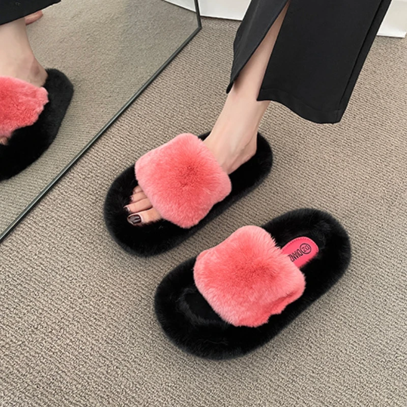 العصرية شعر النعال للنساء 2024 الخريف الشتاء جمع أفخم سميكة القاع المنزل كسول كلمة واحدة نعال من القطن للخارجية