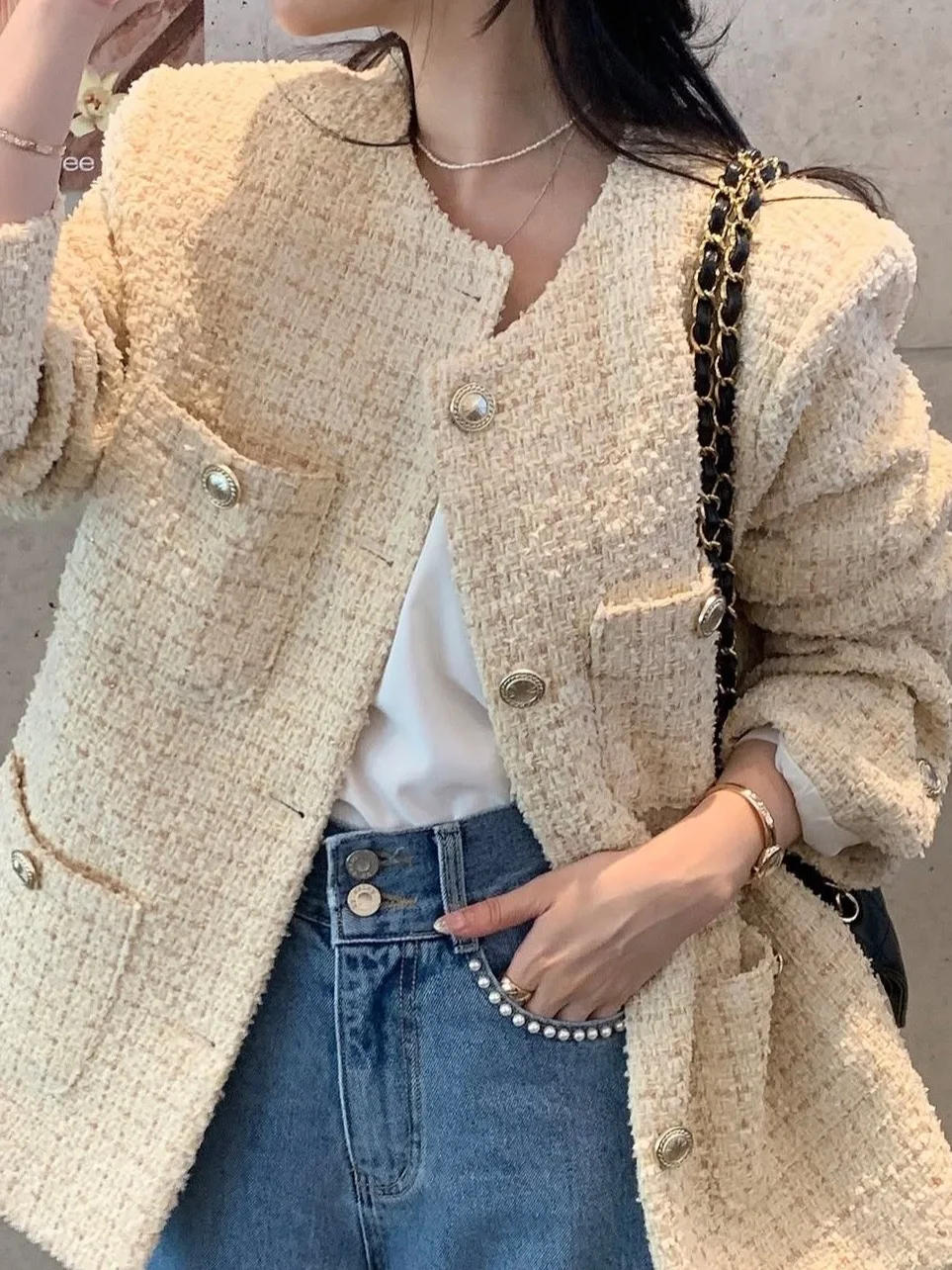 

Женский зимний твидовый жакет в стиле ретро, высококачественный дизайн, топ на одной пуговице, качество материала, другое 00%