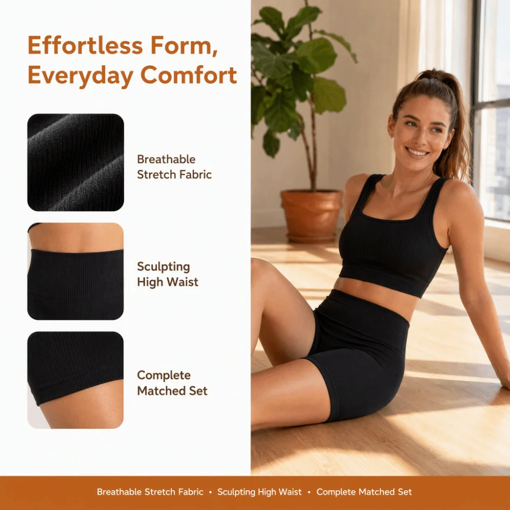 2pcs High Waist Design Ribbed Crop Tank Pull-On Style Stretchy Material Yoga Exercise Outfits High Waist Yoga Shorts Gym Workout