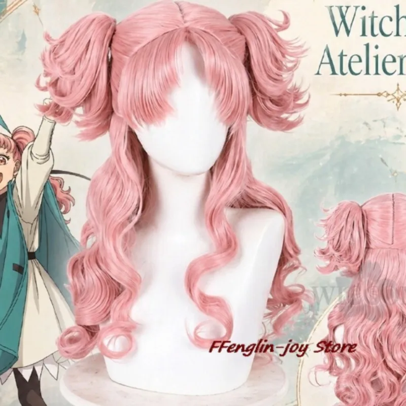 Pelucas de pelo rizado Tetia Kawaii con coletas gemelas rosas, estilo Y2K, de moda, mágicas, de pelo sintético, para Halloween, Cosplay, Anime, Sombrero de Bruja, Atelier