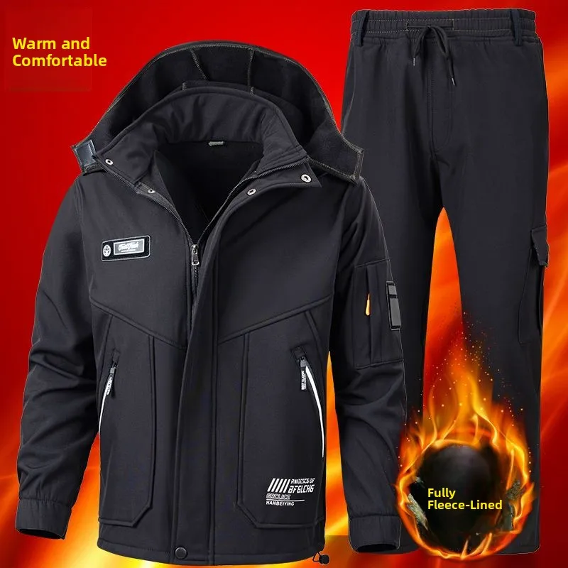 Men's Autumn Winter Thickened Fleece Workwear Set Outdoor Windproof Waterproof Jacket Thermal Protection Labor Protection Clo...