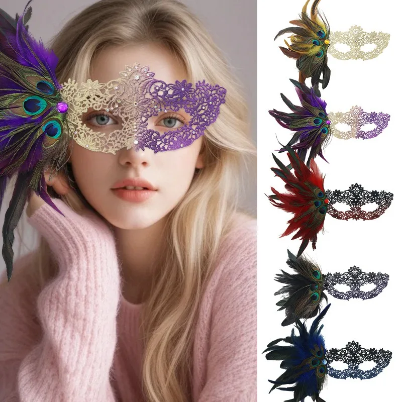 

1pcs/ Rhinestone Feather Lace Half Face Masquerade Mask for Women - Halloween Venetian Party Prom Ball Costume Accessory