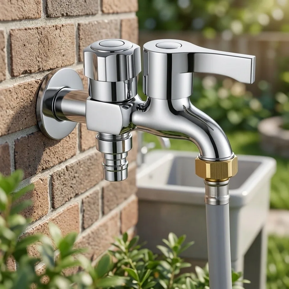 Outdoor Dual Connection Faucet for For washing Machine with Zinc Alloy Body and Copper Core Quick Connect Fitting
