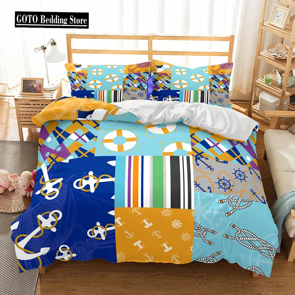 

Printed Bedding Set with Pillowcases, Starfish, Seahorse, Seaweed Quilt Cover, Mediterranean Simple Blue Anchor, King Bed Covers