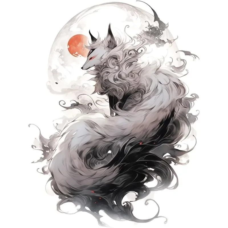 1Pc Ink Style Nine Tailed Fox Vinyl Sticker, Waterproof Self-adhesive Decal for Car Motorcycle Bumper Smooth Surface Decor