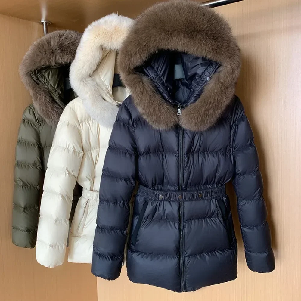 High Quality Light Luxury Women Hooded Coat Fashion Down Jacket New Winter Warm Real Fox Fur Collar Slim Waistband Fur Puffer