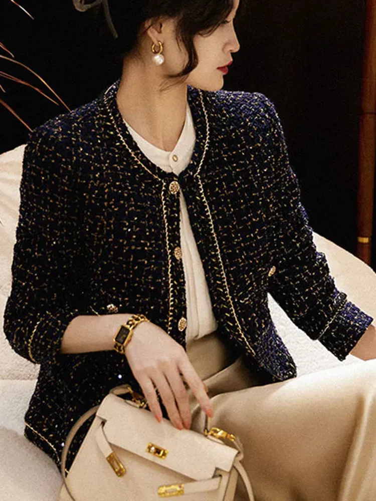 سترات نسائية قصيرة فضفاضة برقبة دائرية من التويد معاطف كورية غير رسمية واحدة الصدر مقصوصة بلوزات أنيقة سوداء طويلة الأكمام Abrigos Blusas