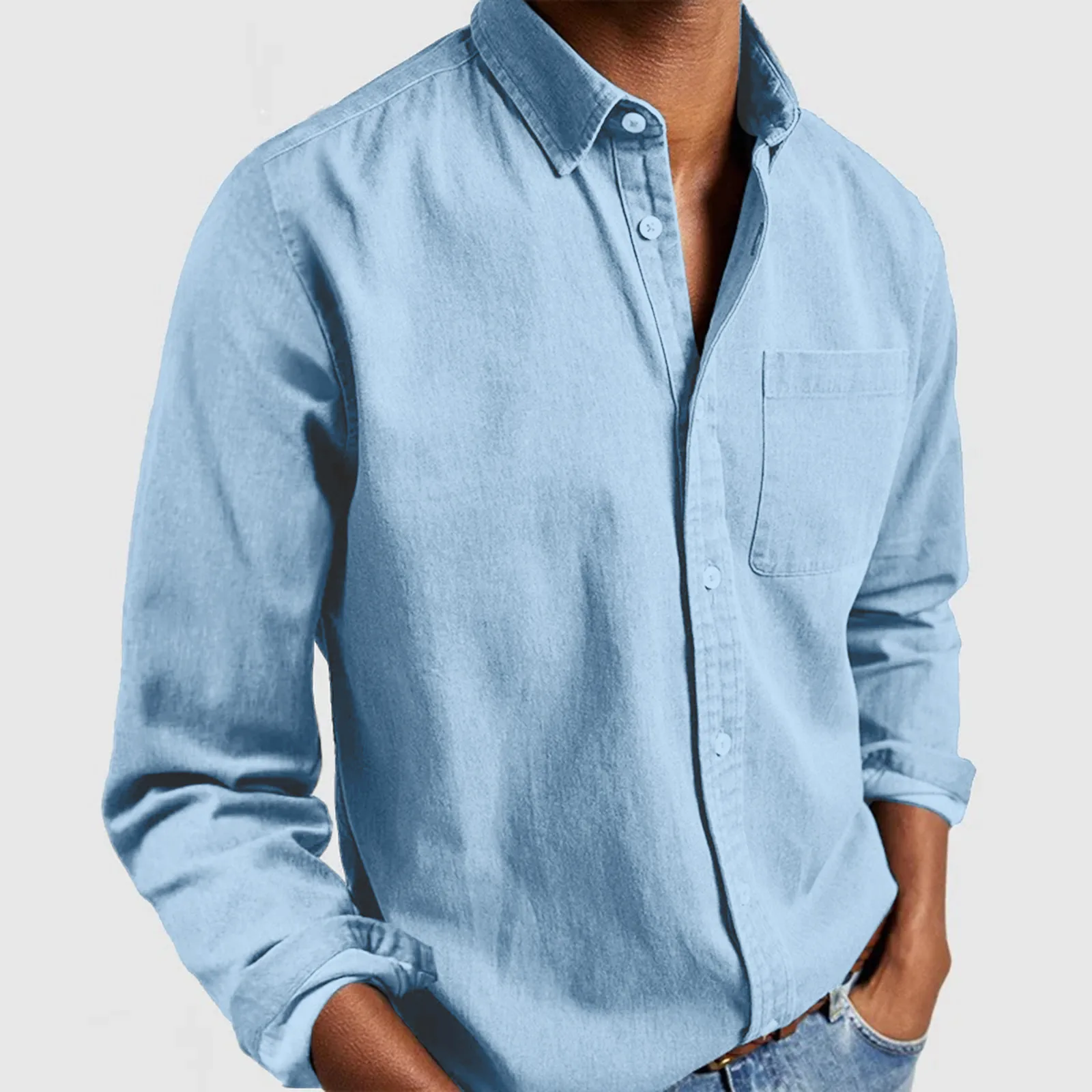 Men's Fall Long Sleeve Shirt Solid Color Loose Cotton Linen Shirt with Pockets Vintage Breathable Fashion Casual Shirts for Men