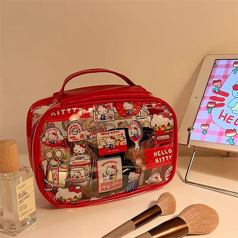 Sanrio Hello Kitty Makeup Bag Kawaii PVC Transparent Portable Large-Capacity Waterproof Skin Care Storage Bag Wash Tote Handbag