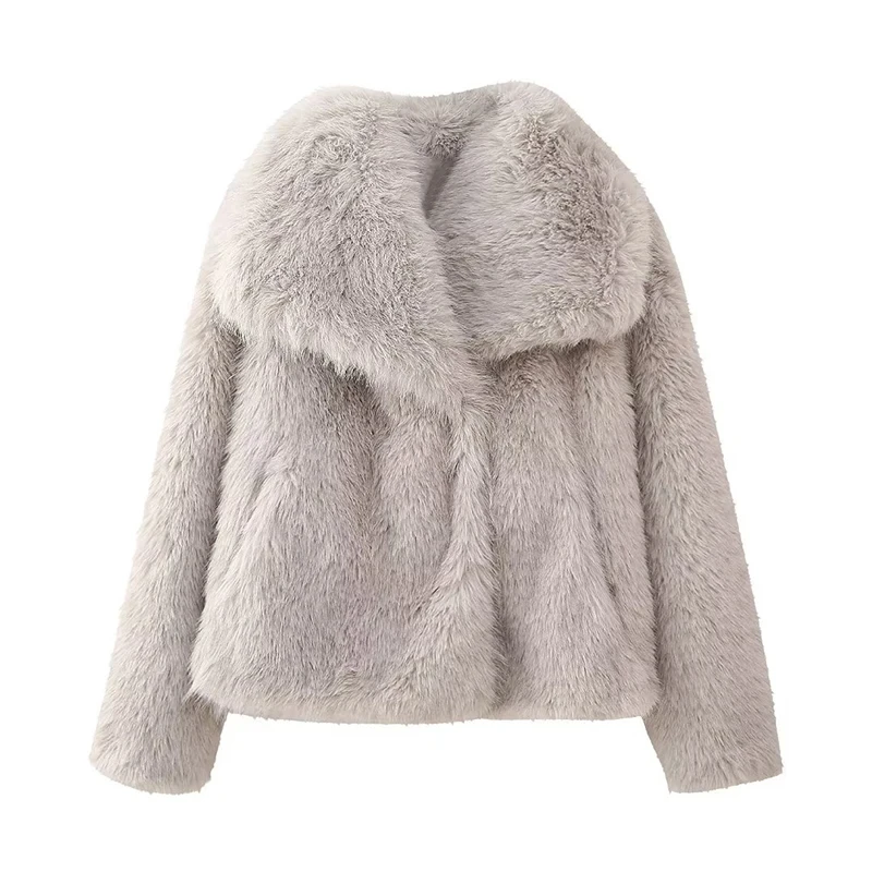 DUOPERI Women Fashion Winter Solid Thick Warm Faux Fur Coat Lapel Collar Long Sleeves Female Chic Lady Casual Outfits