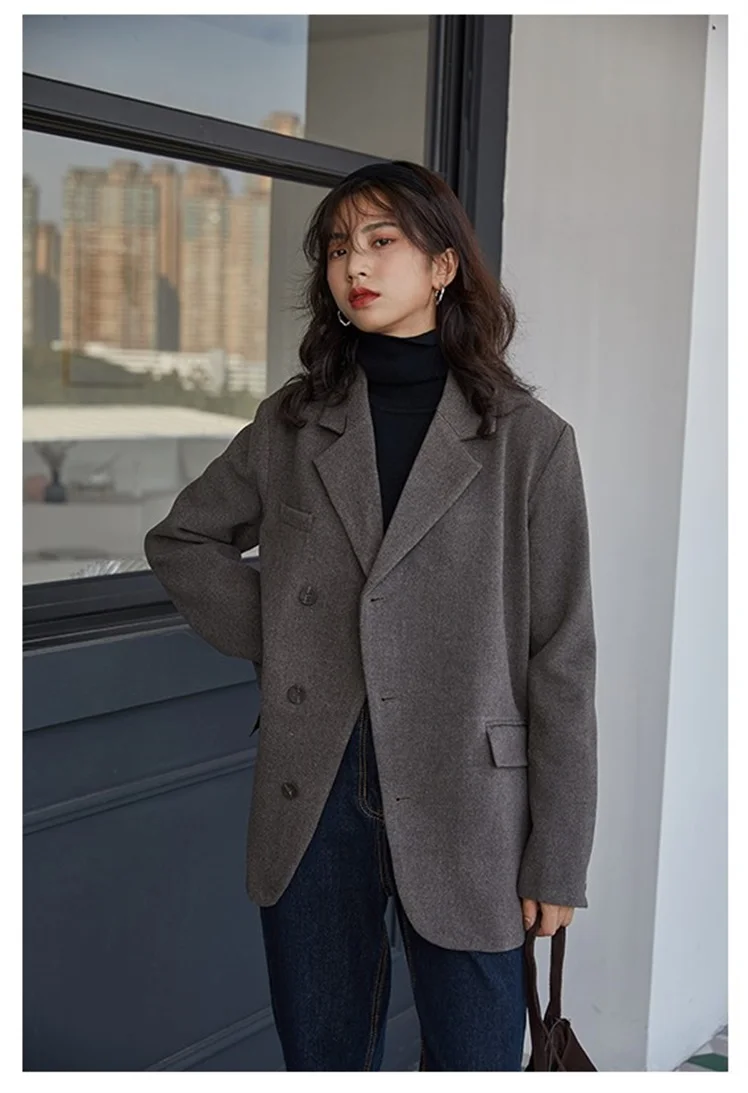 Herbst und Winter im koreanischen Stil graubraun lässig Damen Woll anzug Jacke im britischen Stil lockeres kurzes Blazer verdicktes Mantel oberteil